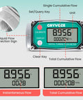Front view of Digital Turbine Flow Meter One Inch Inline NPT With Two Point Six To Twenty Six GPM Range showing display and buttons