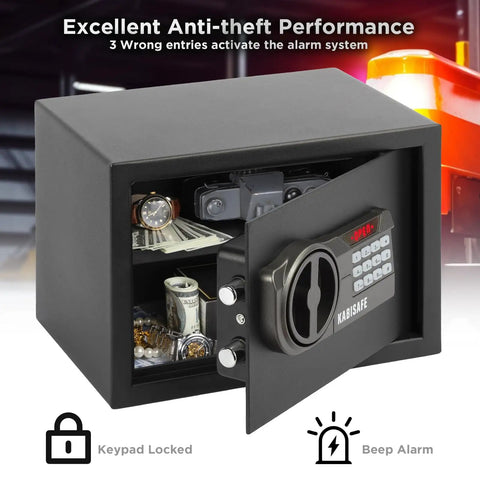 Heavy Duty Cabinet Safe Box With Lock Black Compact Home Safe For Cash And Valuables open showing storage compartments