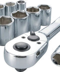 Three Eighths Inch Drive Socket Set With Ratchet, 11 Piece Metric Sockets In Case, 72 Tooth Ratchet, chrome finish