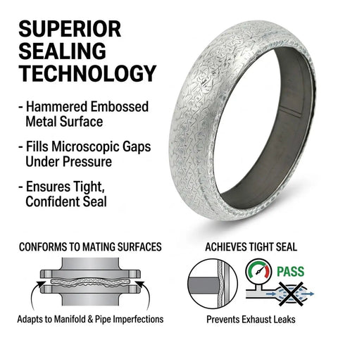 Hammered embossed metal exhaust manifold gasket showcasing sealing technology for tight seals on 60mm pipes.
