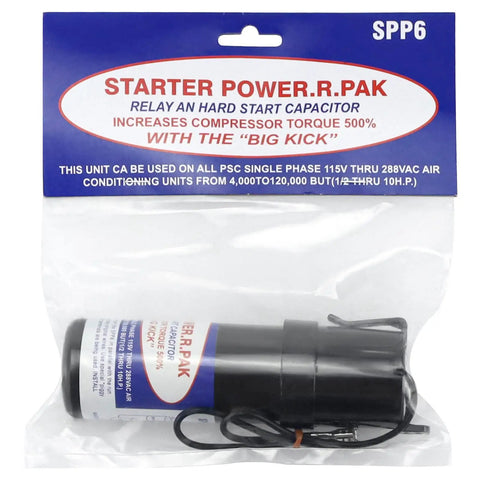 SPP6 Hard Start Kit For Air Conditioner in packaging, designed to enhance compressor torque for systems up to ten horsepower.