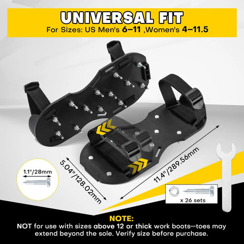 Lawn Aerator Shoes With 1.1 Inch Spikes Adjustable Straps Universal Fit shown with dimensions and wrench icon