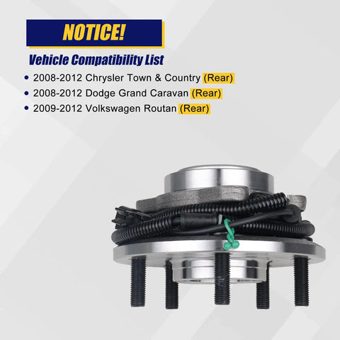 Precision Built Rear Wheel Bearing Hub Assembly 2 Pack For 08 12 Chrysler Town And Country Dodge Grand Caravan Volkswagen Routan, showing vehicle compatibility.