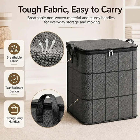 Upgraded XXL Foldable Storage Bag With Secure Full Seal Zipper Great For Moving Big Hauls Of Thick Quilts Bulky Sweaters And Bedding showing tough fabric and strong handles.