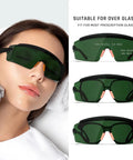 Straight Up Laser Safety Glasses With Bigtime Anti Fog Filter For IPL Hair Removal And Welding OD4 Shield, green tinted wraparound style.