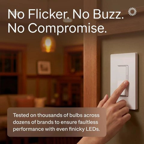 Buttery Smooth LED Dimmer Switch With Sleek Paddle Design For Single Pole And Three Way Installations To Banish Flicker And Buzz While Serving Up Straight Up Reliable Light Control For Everyday Bulbs Around The House, hand adjusting the switch in a cozy room.