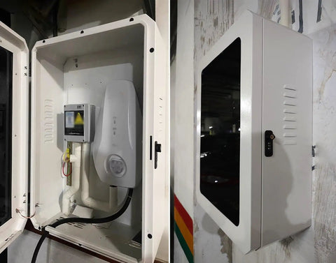 Rock Solid EV Charger Protection Enclosure With Lock And Weatherproof Wall Mount Design showing interior with charging unit and lock.