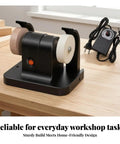 Solid Dual Wheel Bench Grinder And Compact Polishing Rig With Copper Motor Blade Sharpener Tool Honer on a workbench with power cord.