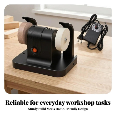 Knockout Bench Grinder With Versatile Polishing Wheel, copper motor, dual wheels on a stable platform for sharpening.