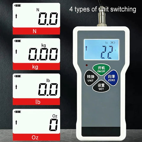 Heavy Duty Digital Force Gauge Featuring Bulletproof S Type Sensor And Quick Tap Peak Hold Mode For Straight Ahead Push Pull Testing Up To 1000 Newtons, showing unit options.