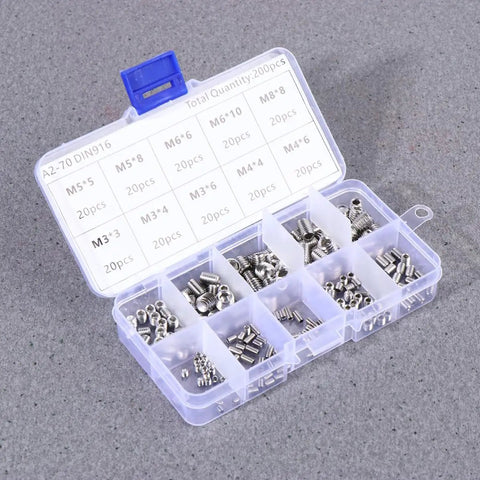 Headless Grub Screws Set With Hex Socket Stainless Steel M8 And M5 Kit, Flat Point, 200-piece organizer box