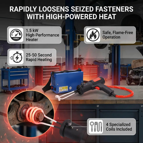 Professional 1500W Magnetic Induction Heater For Kicking Loose Seized Bolt Nut Screw And Bearing Remover With Hella Fast 25 Second Heat Cycle and four coils in workshop.
