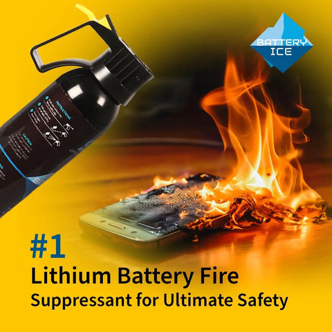 Game Changer Lithium Ion Battery Fire Extinguisher Aerosol Spray for Electric Vehicles and Chargers Patent Pending Safe Formula Non Toxic Hella Compact for Garage or Office Quick Stop to Thermal Runaway Danger 2 Pack Included, shown above a burning smartphone.