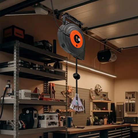 Retractable Extension Cord Reel With 45 Ft Heavy Duty 12 AWG 3C SJTOW Cord in garage, ceiling mounted power station