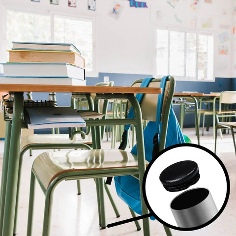 Classroom chairs with 1 Inch Ribbed Plastic Hole Plugs For 3/4 To 15/16 Inch Round Tubing Black End Caps on legs