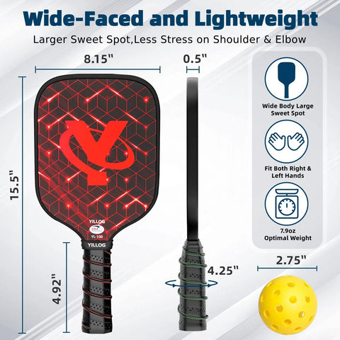 USAPA Approved Fiberglass Surface Pickleball Paddle Set, red paddle measurements and features, includes 4 paddles.