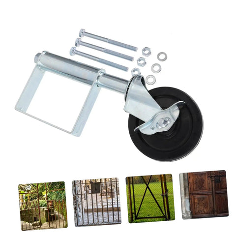 Heavy Duty Spring Gate Caster For Fences That Glides Real Smooth Over Rough Concrete Dirt And Gravel Like A Dream While Crushing Up To Two Hundred Pounds Without Breaking A Sweat, showing steel wheel and mounting hardware.