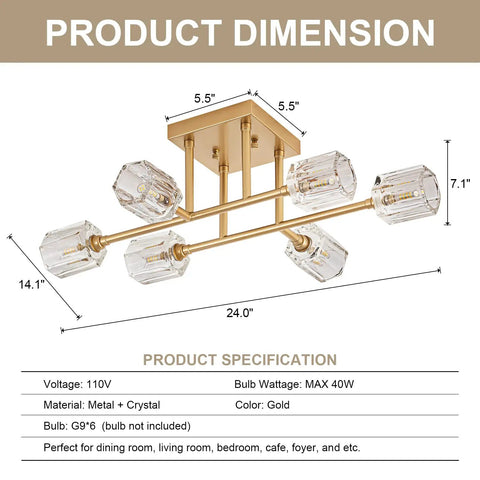 Diagram of 6 Light Brushed Gold Semi Flush Mount Ceiling Light Fixture, Modern Sputnik Chandelier dimensions and specs