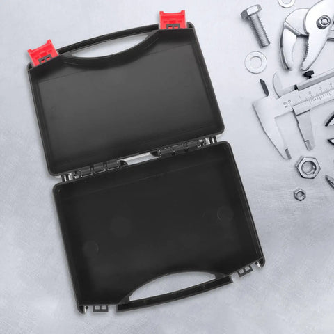 Portable Plastic Toolbox With Grip Handle, Heavy Duty Hard Shell Organizer For Mechanics, empty black toolbox open on a gray surface.