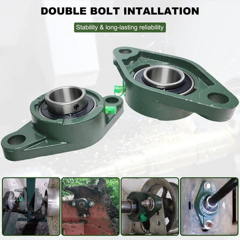 2 Pack Flange Mount Pillow Block Bearings With 1.25 Inch Bore Self Aligning Solid Cast Iron Base Built Tough Bearing Steel Construction 2 Bolt Mount Durable And Easy To Install, shown in industrial setting.