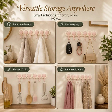 Super Slick Punch Free Wall Hook Rack With 180 Degree Swivel Design And Six Sturdy Hooks For Dead Simple Corner Storage That Rotates Smooth As Butter Without Drilling showcasing various items like towels and keys.