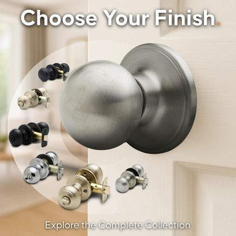 Passage Interior Door Knob Set Satin Stainless Heavy Duty Hardware with finish options, close-up view on white door.