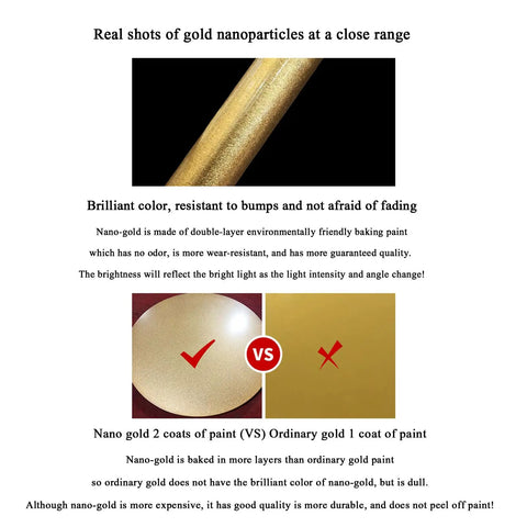 Close-up of gold nanoparticles with a shiny finish demonstrating brilliance and durability compared to ordinary gold.
