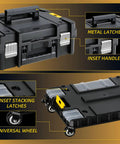 Rolling Tool Box With Wheels, 4-In-1 Modular Organizer System showing metal latches, inset handles, and stacking latches
