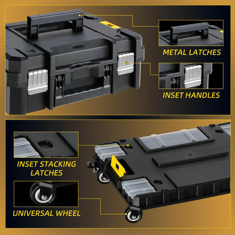 Rolling Tool Box With Wheels, 4-In-1 Modular Organizer System showing metal latches, inset handles, and stacking latches