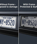 Comparison of license plates with and without Clear Gray License Plate Frames With Anti Glare Vision Built Tough ABS Rustproof 2 Pack Front And Rear Plate Covers With Screws And Easy Mounting Hardware For US Standard Plates.
