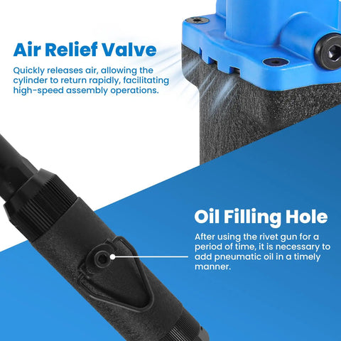 Professional Pneumatic Rivet Gun Equipped With Multi Size Nozzle Set designed for aluminum and steel tasks, featuring an air relief valve.
