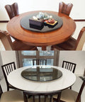35 Inch Heavy Duty Lazy Susan Turntable Boasting Smooth Rolling Action Tempered Glass Top and Rock Solid Aluminum Base on round dining tables.