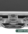 Close-up of Heavy Duty Metal Briefcase Toolbox With Rugged Handle And Smart Compartments, featuring a metal latch and durable surface.