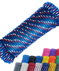 Coiled 100 Ft 1/4 Inch Polyester Rope Diamond Braid Built Tough Heavy Duty Utility Cord, blue with red and white accents.