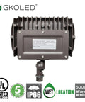 Back view of Beast Bright Outdoor Security LED Flood Light, 45W LED, with adjustable knuckle, showing UL listing.