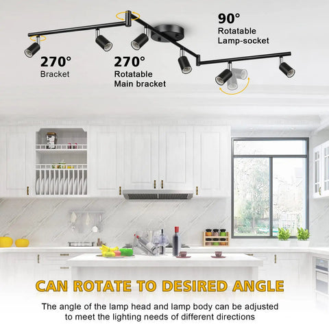Six Light Track Lighting Kit With Flexible Foldable Arms And Rotatable Heads, E26 Base Black Ceiling Spotlight in kitchen