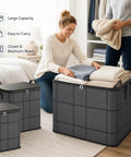 Big Boy Sized Foldable Storage Bin With Smooth Zipper Heavy Duty Nonwoven Fabric Easy Tidy Closet Organizer holding bulky blankets in bedroom.