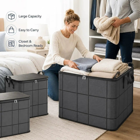 Big Boy Sized Foldable Storage Bin With Smooth Zipper Heavy Duty Nonwoven Fabric Easy Tidy Closet Organizer holding bulky blankets in bedroom.