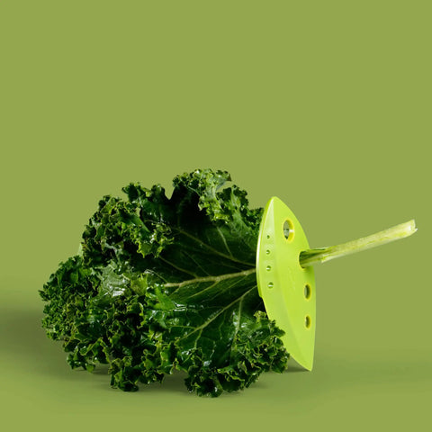 Zero Stress Leaf Stripper For Fresh Kale And Collard Greens With Super Sharp Curved Cutting Edge Quick Herb Chopper Kitchen Gadget, vibrant green gadget used on fresh kale.