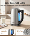 Kitchen counter with Six Preset Temperature Electric Kettle With Dope Precision Control, 1.7L Stainless Steel, LED, glass of milk beside.