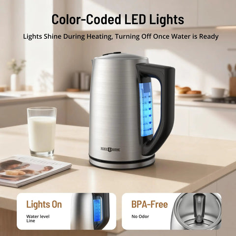 Kitchen counter with Six Preset Temperature Electric Kettle With Dope Precision Control, 1.7L Stainless Steel, LED, glass of milk beside.