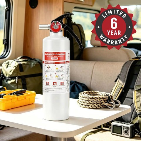 Compact 2.5Lb ABC dry powder fire extinguisher in a camper setting for fast fire defense, featuring UL ANSI 299 certification.