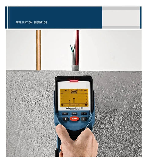 Professional Wall Scanner And Stud Finder With Dead On Depth Tracking Rebar Wire Pipe Sensor And Quick Layout Tool For Hardworking Contractors Handling Any Job No Sweat At All in use against a wall.