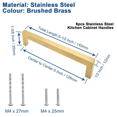 6 Pack Brushed Gold Cabinet Pulls Square Dresser Handles 5 Inch Center To Center Stainless Steel Cabinet Hardware dimensions