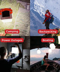 Grid image of Solar Camping Lantern Inflatable LED Lamp being used for camping, backpacking, power outages, and boating.
