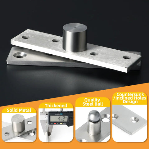 Slick Running 4 Inch Pivot Hinges For Hidden Doors, Concealed Stainless Steel Hardware In Brushed Finish Pair close-up, features solid metal, steel ball.