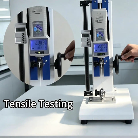 Heavy Duty Digital Push Pull Force Gauge With Smooth Hand Wheel Test Stand For Precision Tension Compression Checks in lab setting.