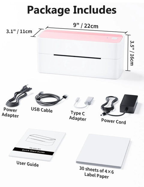 Package includes Bluetooth Thermal Label Printer For 4x6 Shipping Labels, Wireless, Small Biz Ready, Pink Color with accessories.