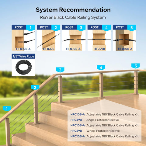 Diagram of Black Matte Finish Cable Railing Kit and Hardware for Wood Posts with T316 fittings, shown in five post configurations.