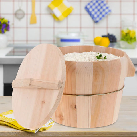 Built Tough Cedar Wood Rice Steamer Bucket With Secure Lid And Heavy Duty Nonslip Base For Uniform Cooking with rice inside.